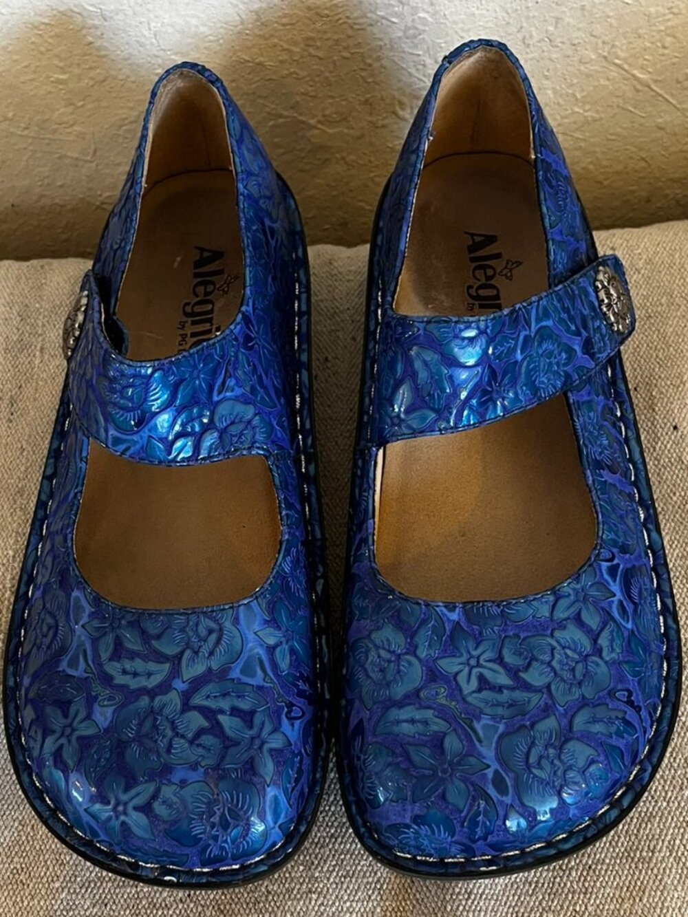 Alegria Woman's Blue Floral Leather Paloma Mary-Jane Mules Sz 10.5 - 11